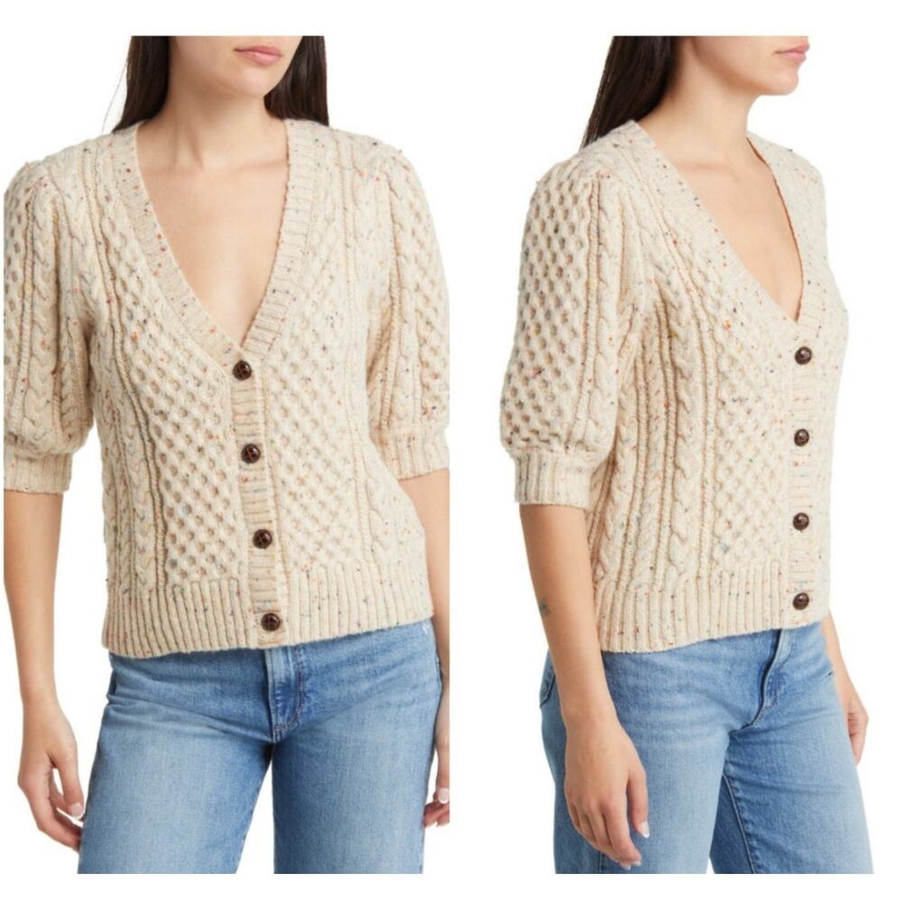 RAILS Isla Cardigan Sweater Short Puff Sleeve Cream Confetti Medium Wool Blend